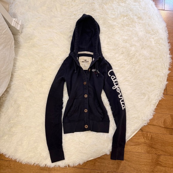 Hollister Tops - Hollister Navy Blue Button Up Hoodie Spellout Sleeve Y2K Surf Women Small S
